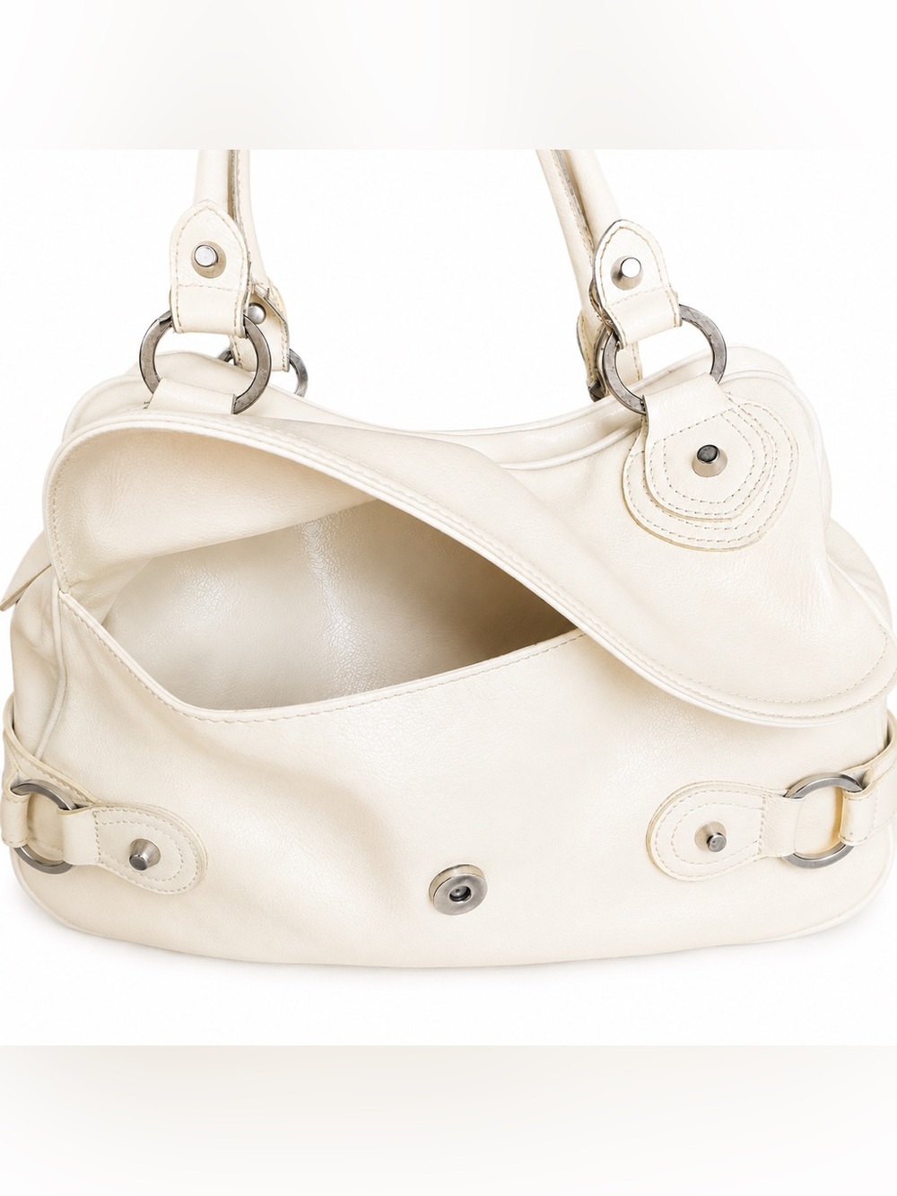 GUESS white Patent Leather Satchel Bag 90% New Large Shoulder Purse - Picture 3 of 4